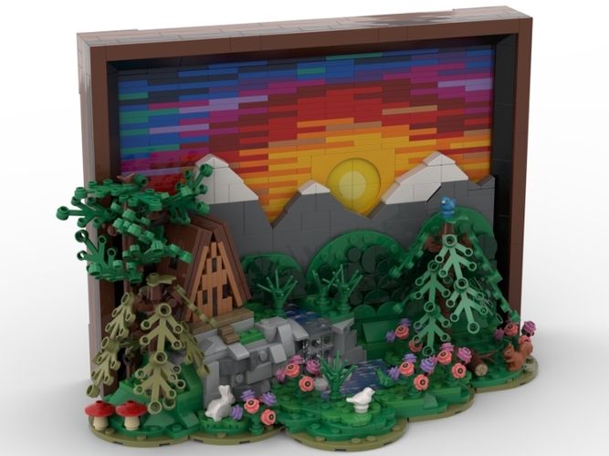 A-frame cabin at sunset